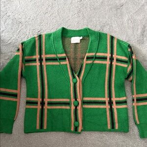 Lush Green and Tan Plaid Women's Cardigan